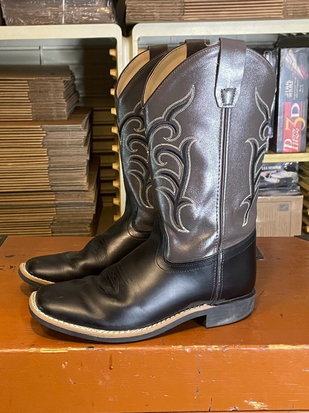 OLD WEST Youth Boy's Size 7 D Black Gray Square Toe Cowboy Boots BSY1896